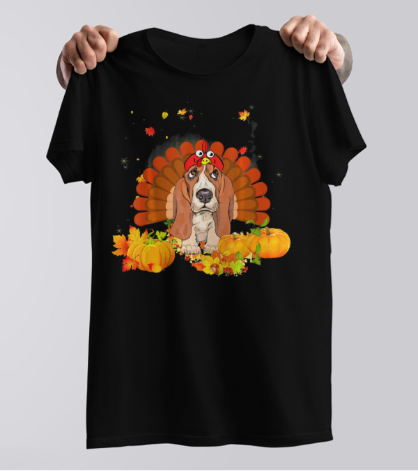 Basset Hound Turkey Autumn Leaves Pumpkins T-Shirt