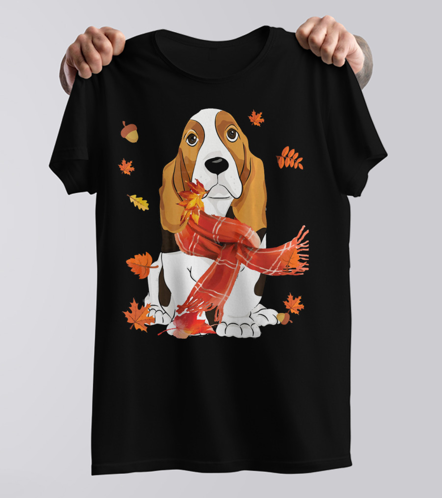 Cute Basset Hound Dog In Red Scarf With Autumn Leaves And Acorns T-Shirt
