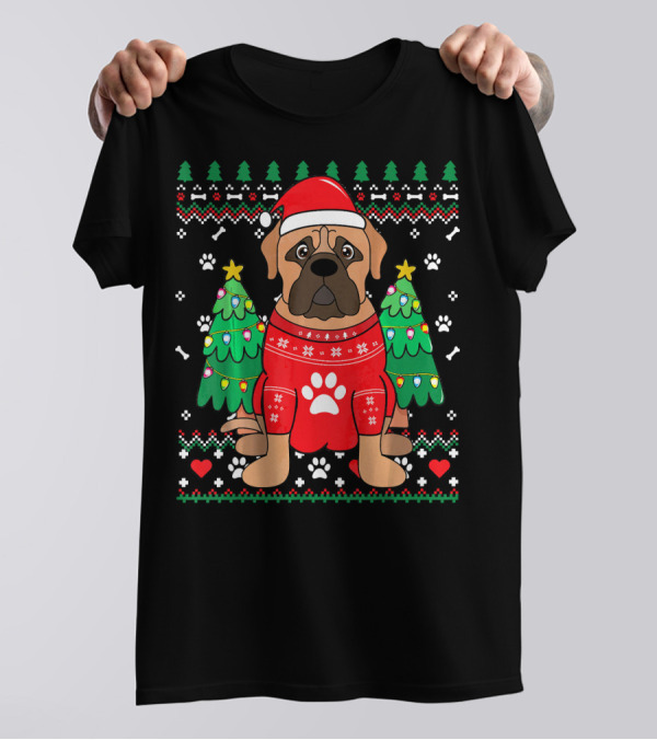 Bullmastiff Christmas Tree Sweater With Santa Hat And Ornaments T-Shirt