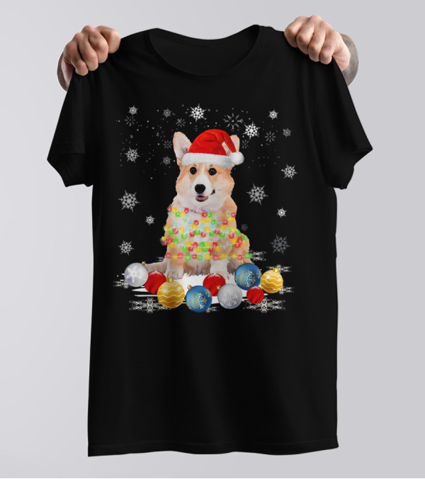 Corgi Dog In Santa Hat With Christmas Lights And Ornaments On Snowflake Background T-Shirt