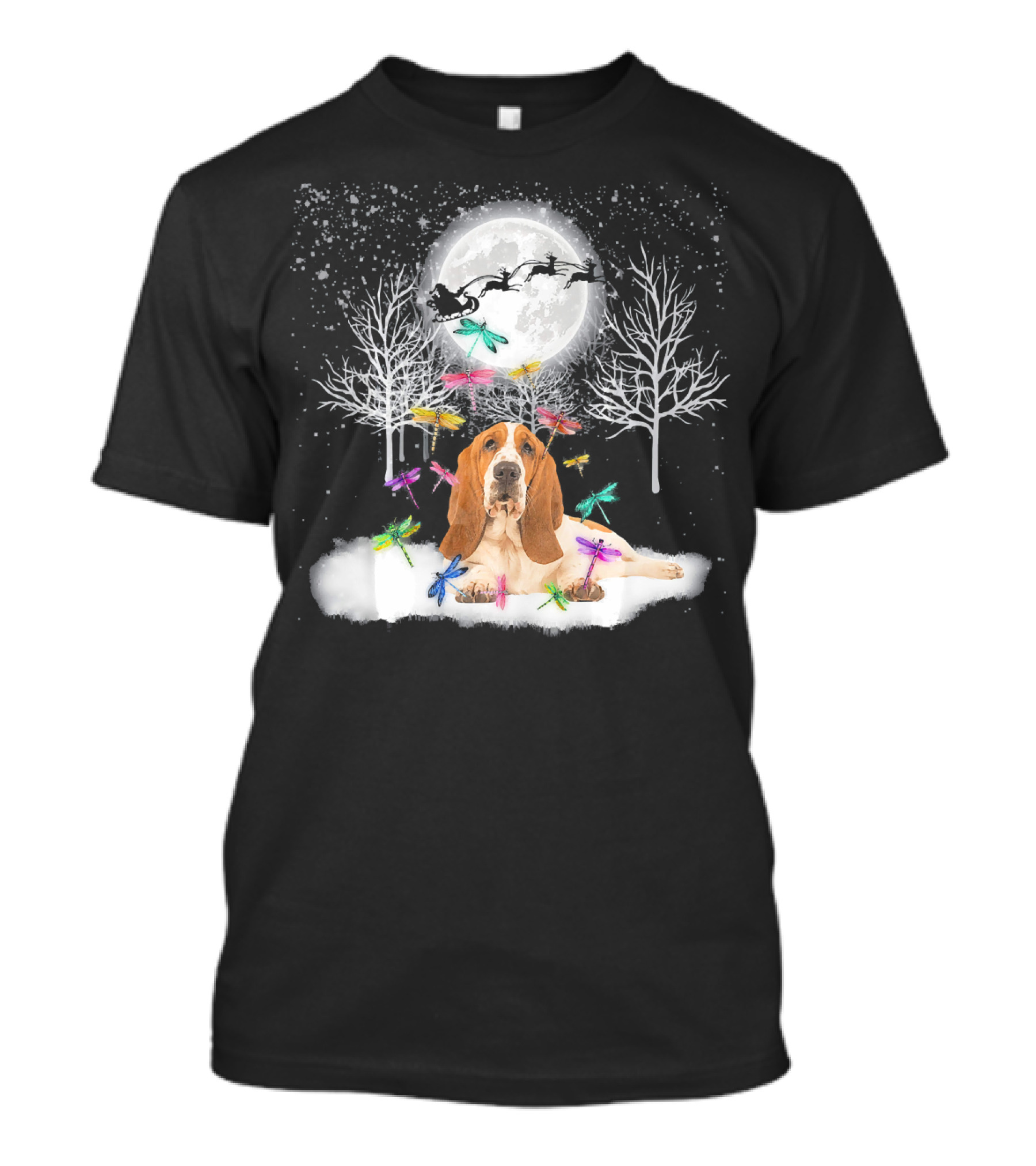Cute Basset Hound Dragonfly Moonlit Snow Christmas T-Shirt