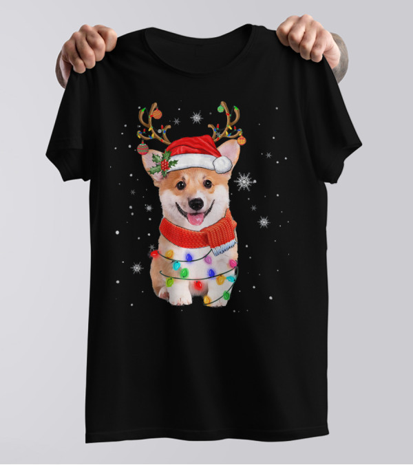Corgi Dog Christmas Reindeer Antlers Santa Hat Lights T-Shirt