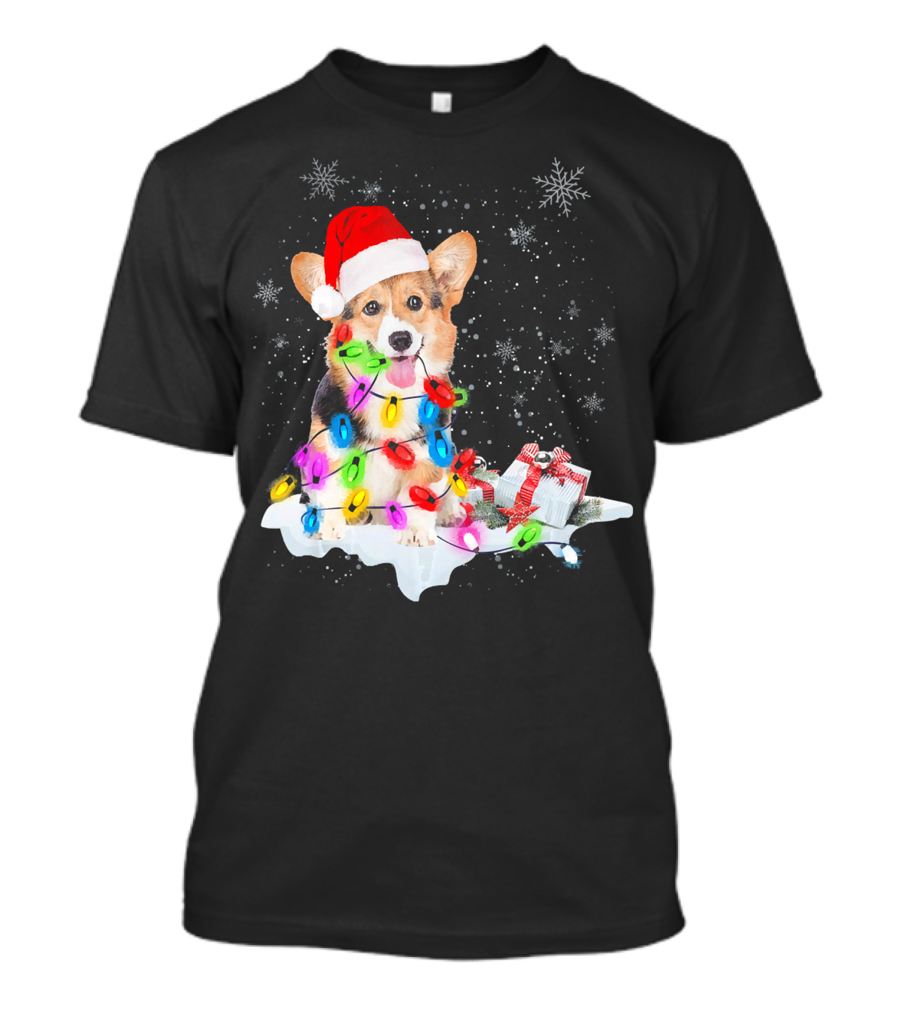 Corgi Santa Hat Christmas Lights Snowflakes T-Shirt