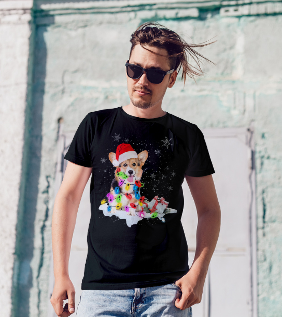 Corgi Santa Hat Christmas Lights Snowflakes T-Shirt