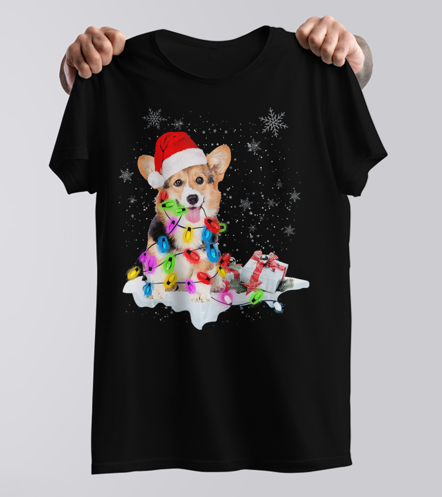 Corgi Santa Hat Christmas Lights Snowflakes T-Shirt