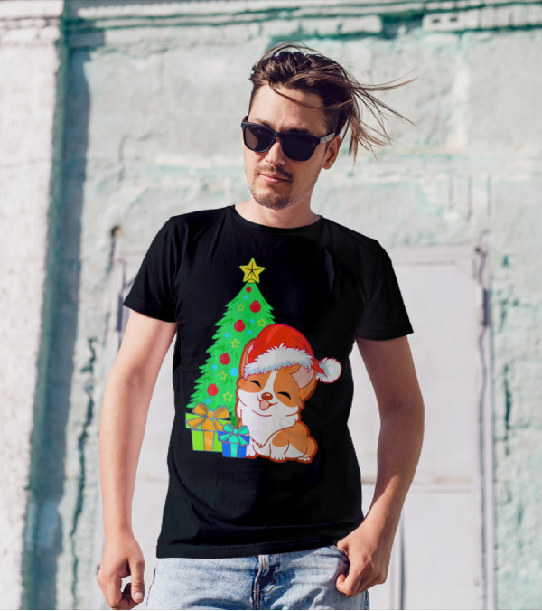 Cute Corgi Dog Santa Christmas Tree And Presents T-Shirt