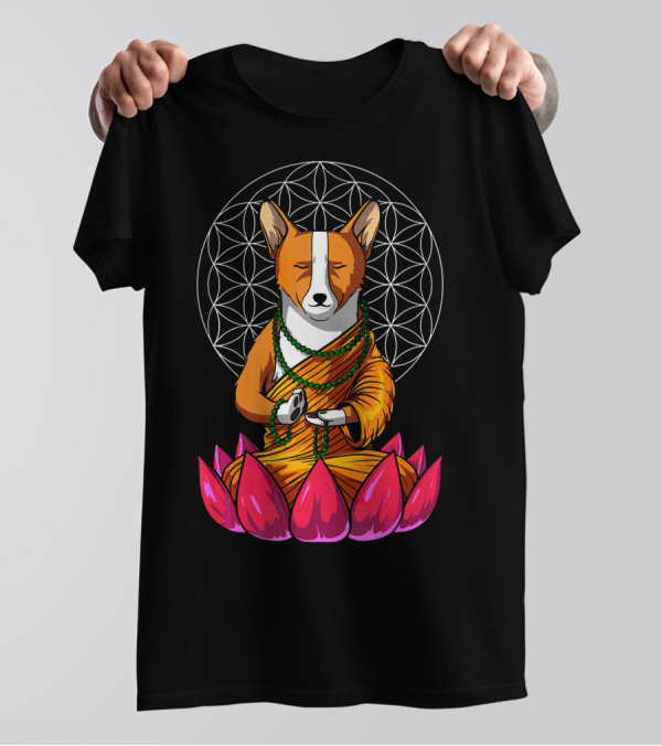 Corgi Dog Yoga Meditation Buddha On Lotus With Sacred Geometry T-Shirt