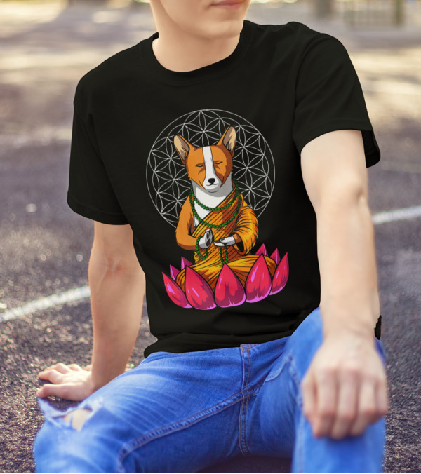 Corgi Dog Yoga Meditation Buddha On Lotus With Sacred Geometry T-Shirt