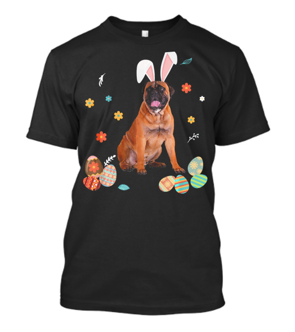 Bullmastiff With Bunny Ears Surrounded By Colorful Easter Eggs And Flowers T-Shirt