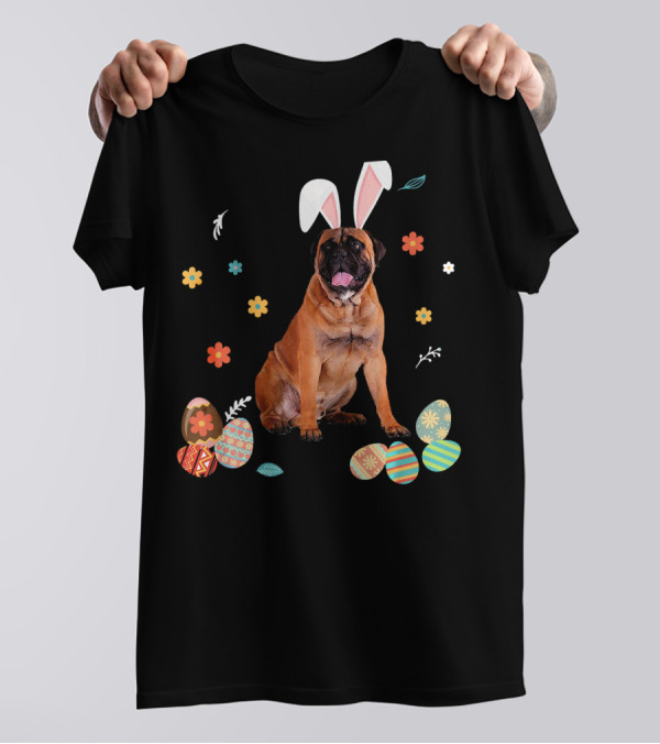 Bullmastiff With Bunny Ears Surrounded By Colorful Easter Eggs And Flowers T-Shirt