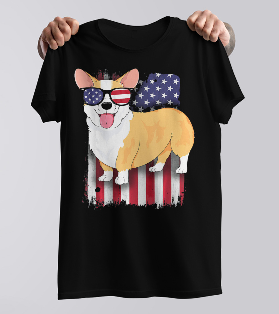 Corgi With American Flag Sunglasses And Stars And Stripes Background T-Shirt