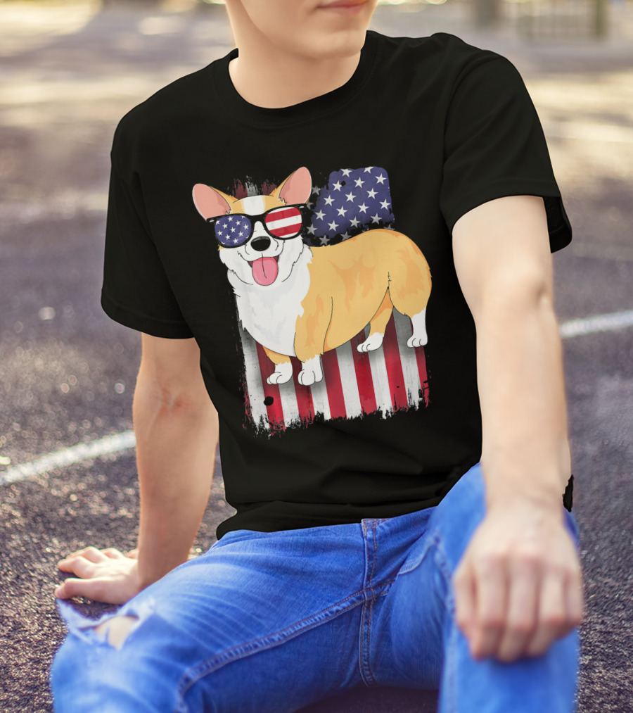 Corgi With American Flag Sunglasses And Stars And Stripes Background T-Shirt