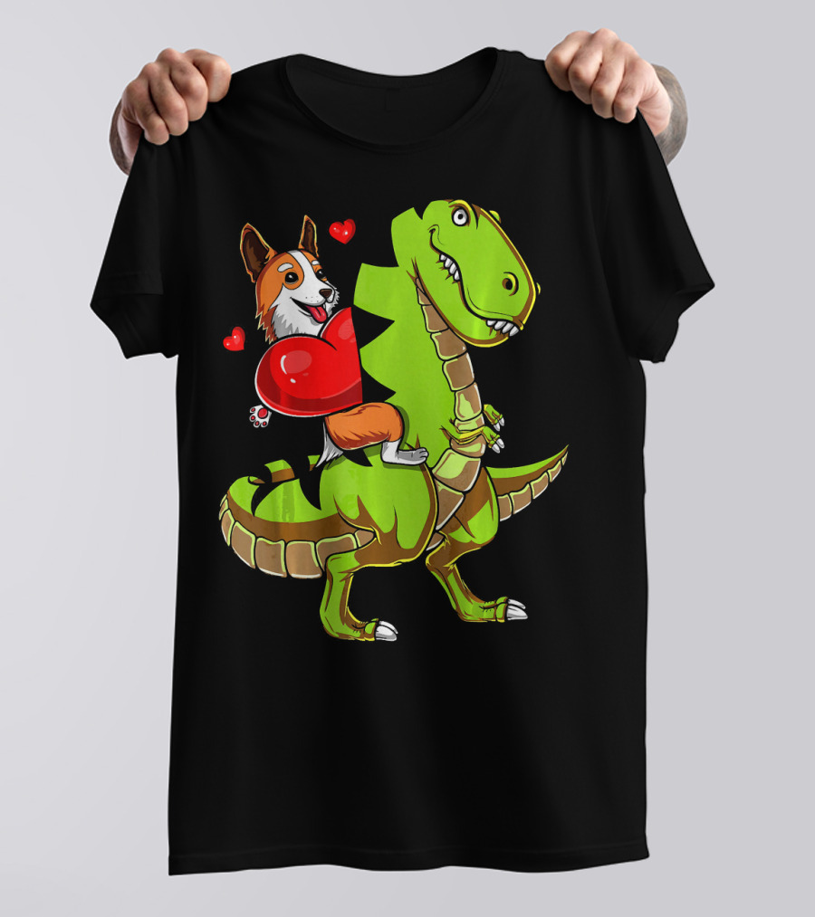 Corgi Holding Heart Riding Green T-Rex Dinosaur With Hearts Valentin T-Shirt
