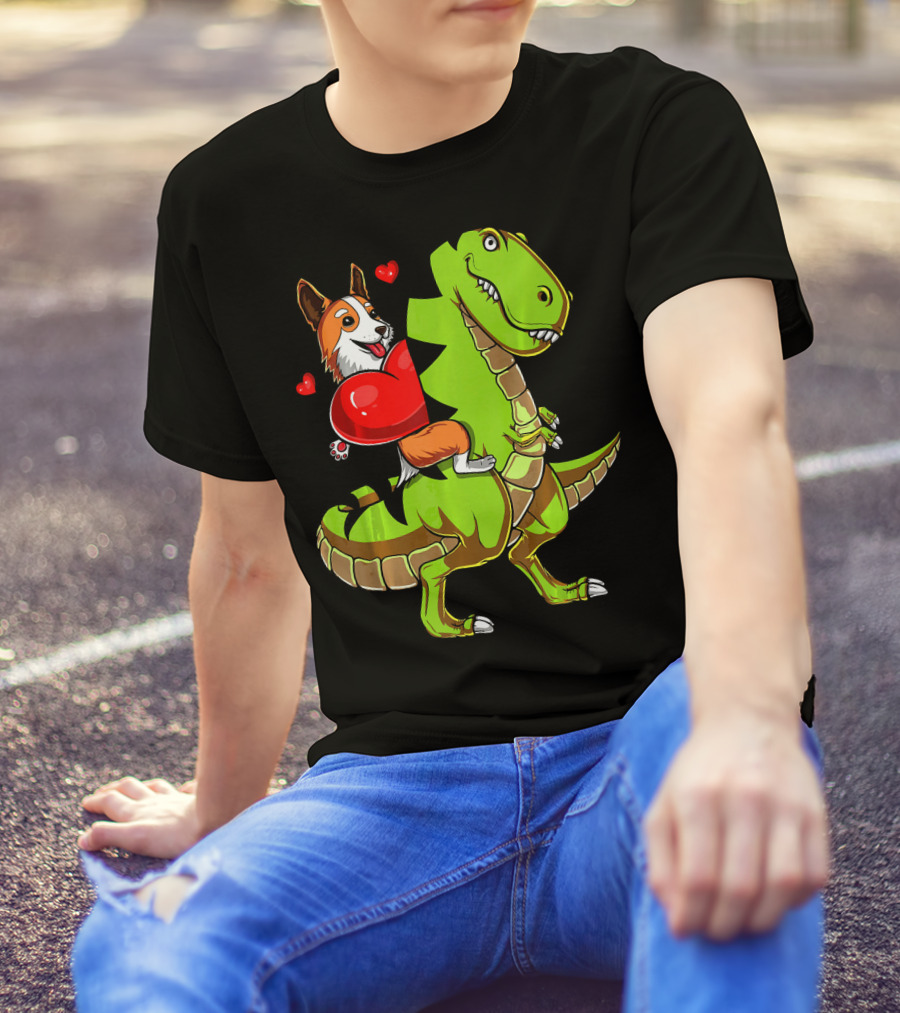 Corgi Holding Heart Riding Green T-Rex Dinosaur With Hearts Valentin T-Shirt