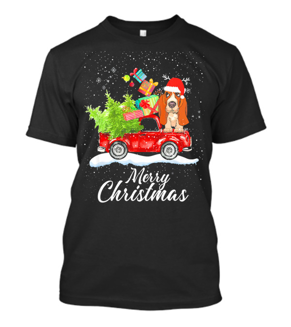 Merry Christmas Basset Hound Red Truck Gifts Snow T-Shirt