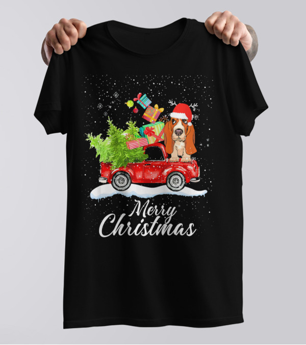 Merry Christmas Basset Hound Red Truck Gifts Snow T-Shirt