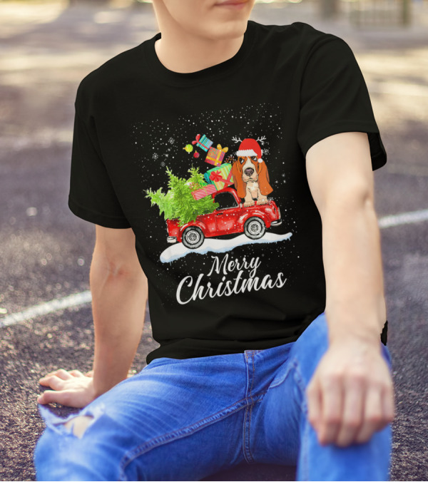 Merry Christmas Basset Hound Red Truck Gifts Snow T-Shirt