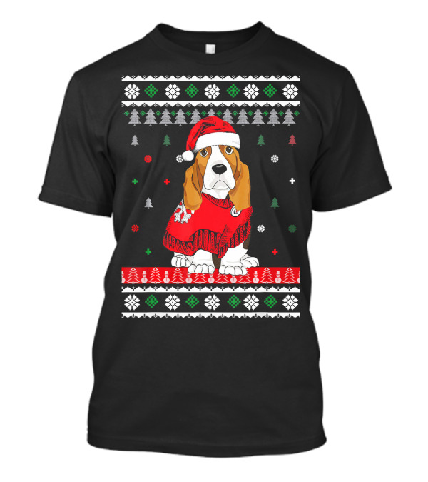 Cute Basset Hound In Santa Hat Christmas T-Shirt