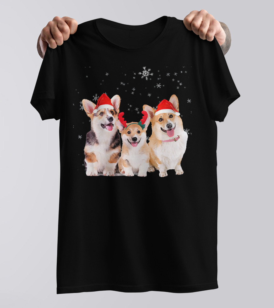 Christmas Corgi Puppy Trio In Santa Hats With Festive Snowflakes T-Shirt