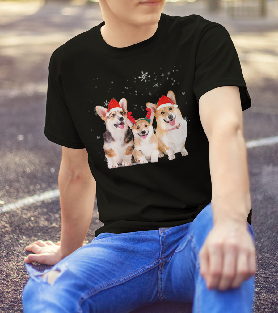 Christmas Corgi Puppy Trio In Santa Hats With Festive Snowflakes T-Shirt