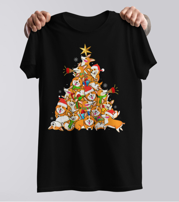 Corgi Dog Christmas Tree With Star And Santa Hats Merry Corgmas T-Shirt