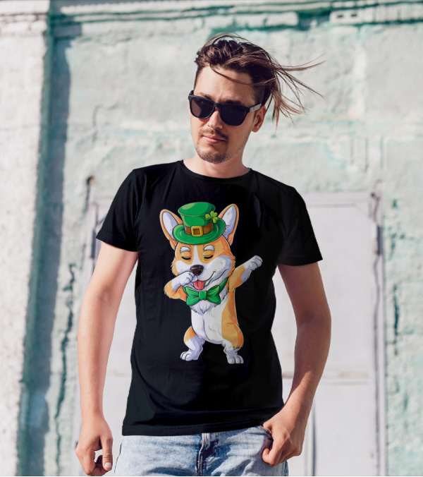 Dabbing Corgi St Patricks Day Bow Tie Green Hat Shamrock T-Shirt