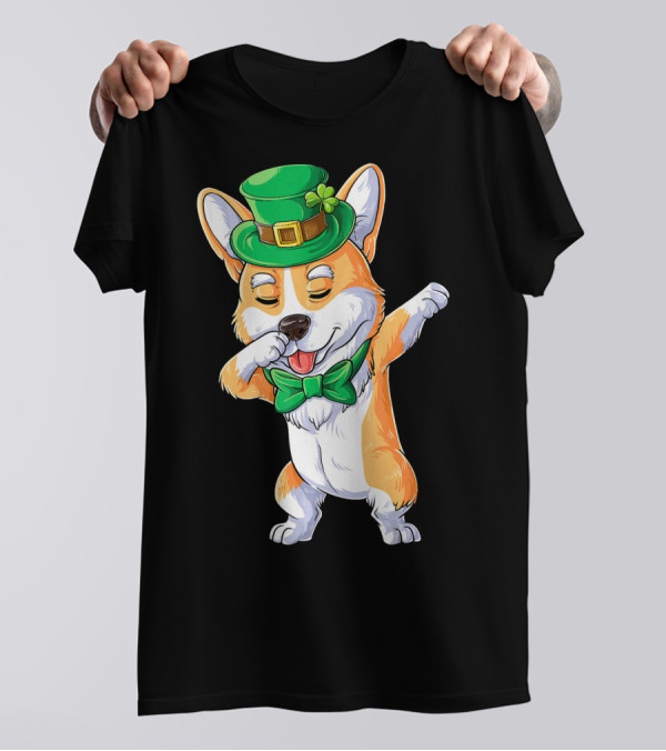 Dabbing Corgi St Patricks Day Bow Tie Green Hat Shamrock T-Shirt