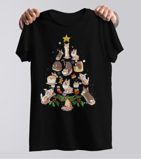 Corgi Christmas Tree With Holiday Decorations And Star Topper T-Shirt