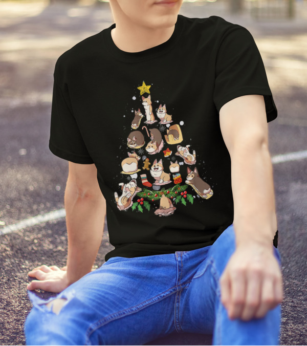 Corgi Christmas Tree With Holiday Decorations And Star Topper T-Shirt
