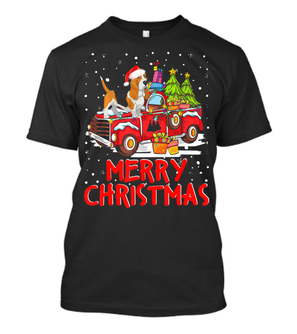 Basset Hound On Red Truck Merry Christmas T-Shirt