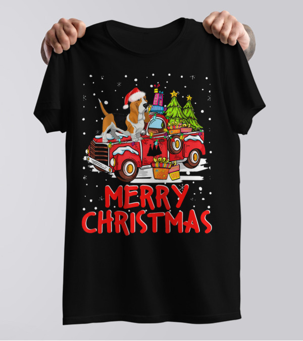 Basset Hound On Red Truck Merry Christmas T-Shirt
