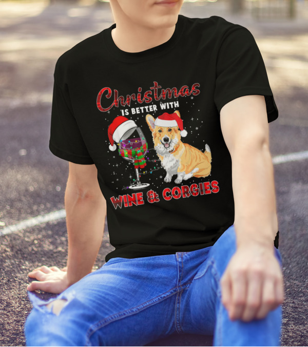 Christmas Is Better With Wine And Corgies Santa Hat Glass T-Shirt