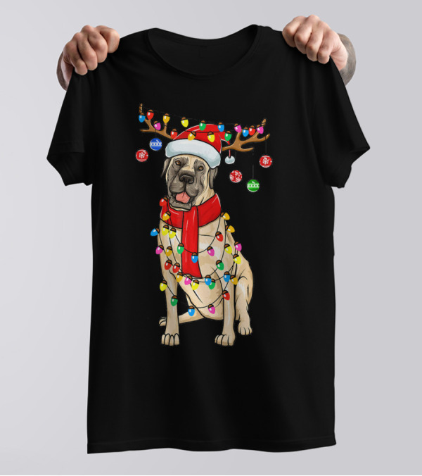 Christmas Lights English Mastiff Dog In Santa Hat With Antlers Holiday T-Shirt