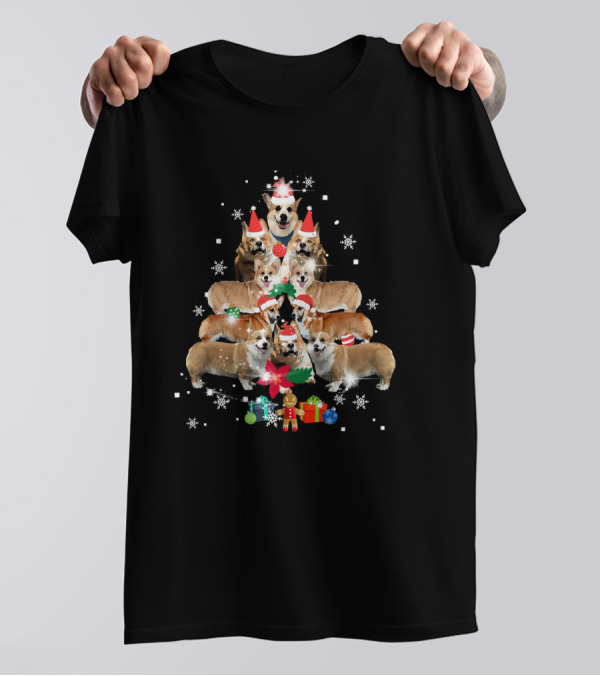 Corgi Christmas Tree Dog Xmas Lights Pajama Snowflakes Presents Santa Hats T-Shirt