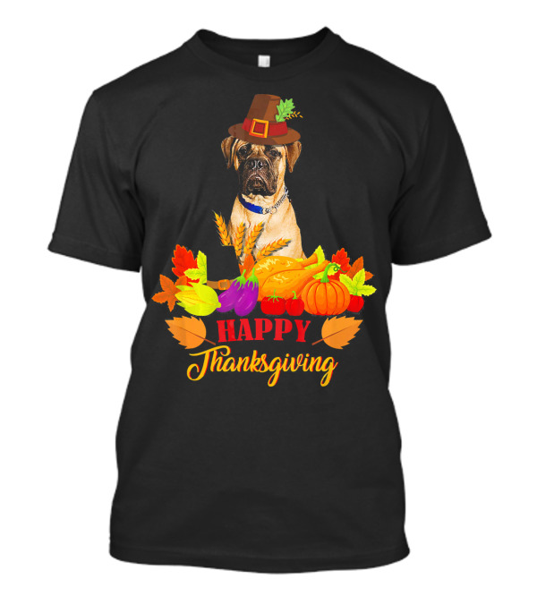 BullMastiff Happy Thanksgiving With Autumn Harvest Pumpkin And Pilgrim Hat T-Shirt