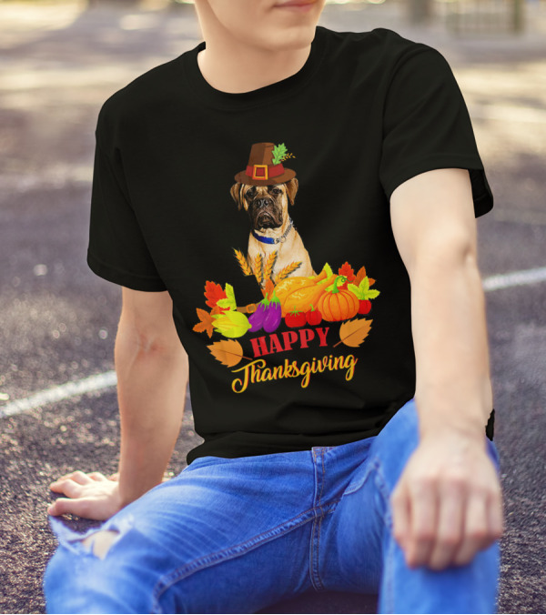 BullMastiff Happy Thanksgiving With Autumn Harvest Pumpkin And Pilgrim Hat T-Shirt