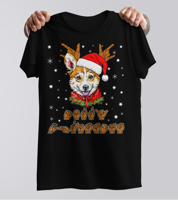 Corgi Dog ASL Sign Language Deaf Christmas Antlers Snowflakes T-Shirt