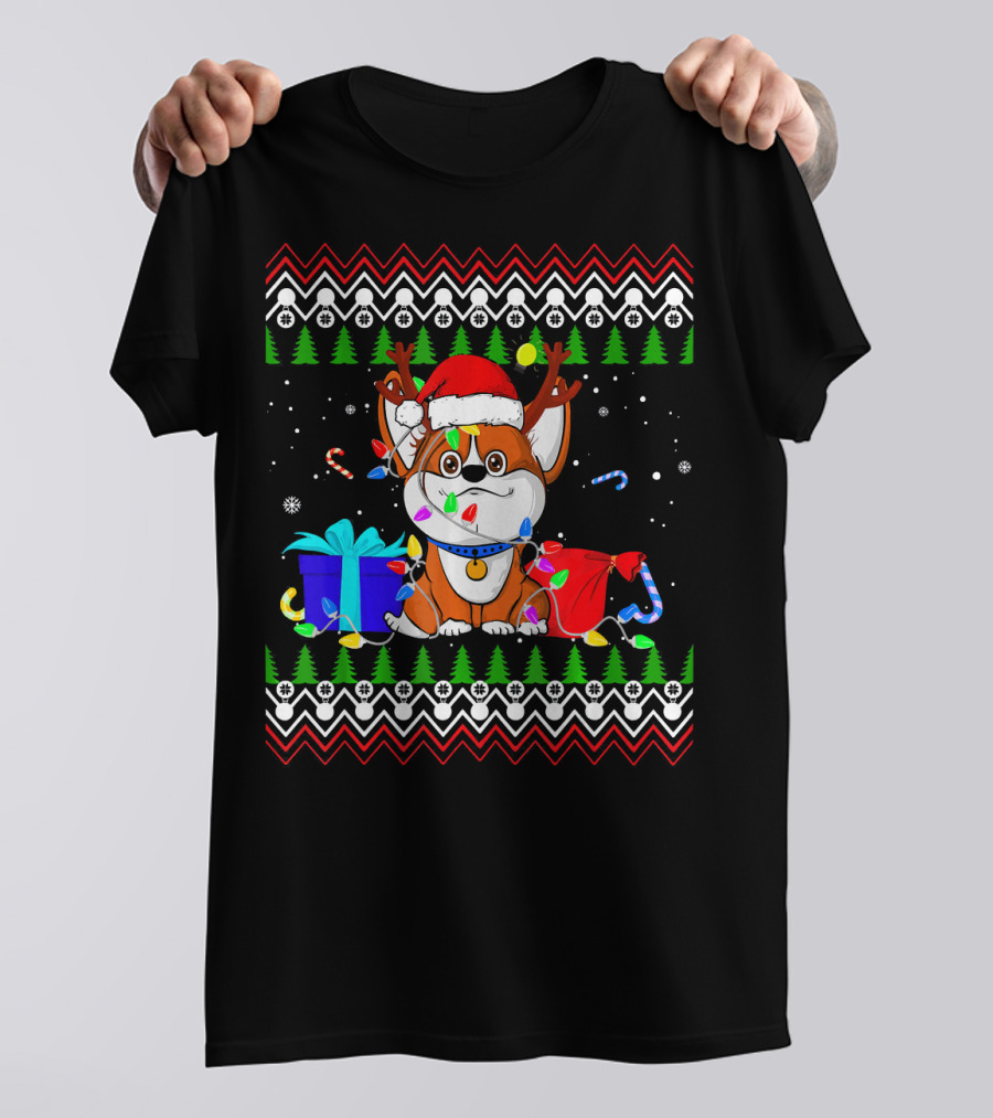 Corgi Christmas Lights Santa Hat Antlers Presents Ugly T-Shirt