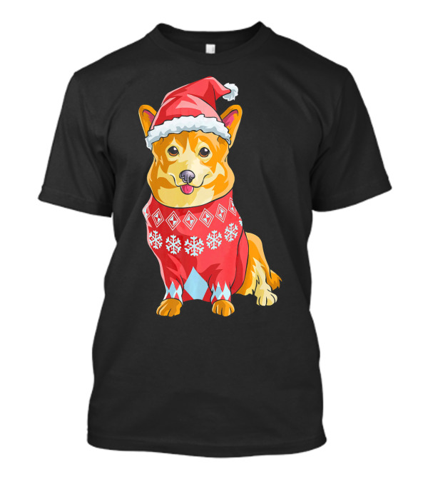 Corgi Dog In Festive Christmas Santa Hat And Snowflake T-Shirt
