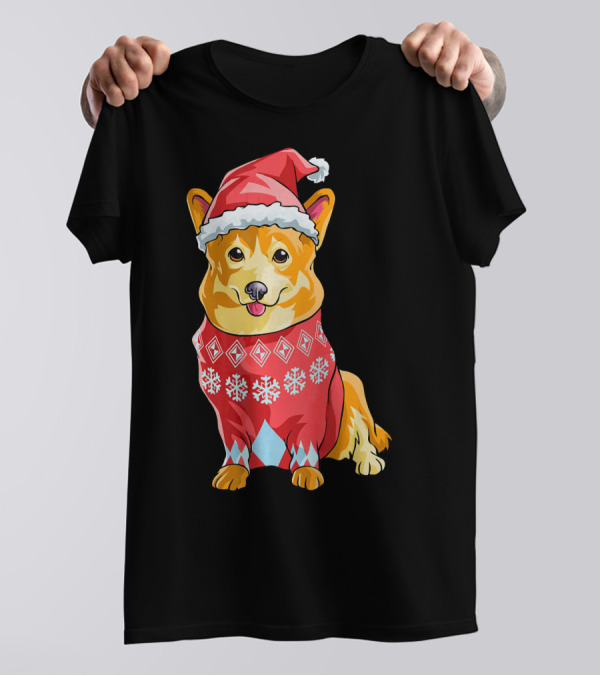 Corgi Dog In Festive Christmas Santa Hat And Snowflake T-Shirt