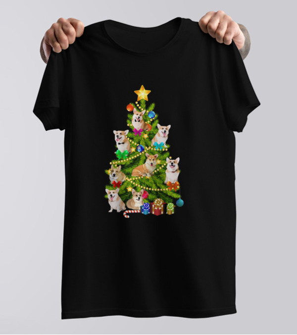 Corgi Christmas Pine Tree With Presents And Decorations T-Shirt