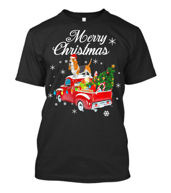 Merry Christmas Basset Hound On Red Truck With Christmas Tree And Gifts T-Shirt