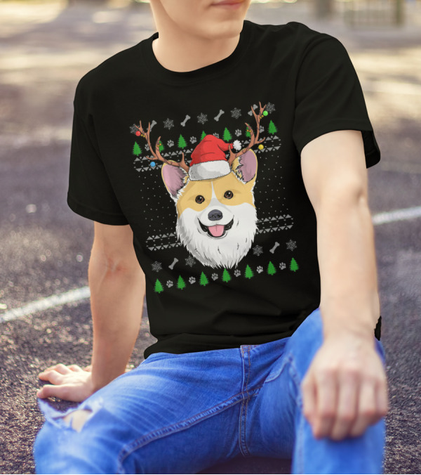 Corgi Dog Antlers Santa Claus Hat Christmas Trees Snowflakes Paw Prints T-Shirt
