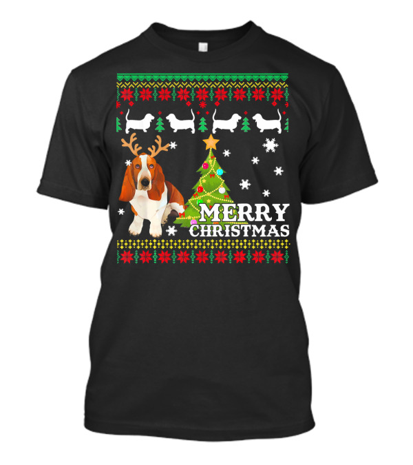 Merry Christmas Basset Hound Reindeer Ugly Sweater Holiday Tree T-Shirt