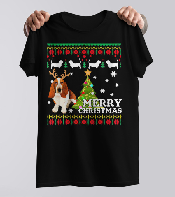 Merry Christmas Basset Hound Reindeer Ugly Sweater Holiday Tree T-Shirt