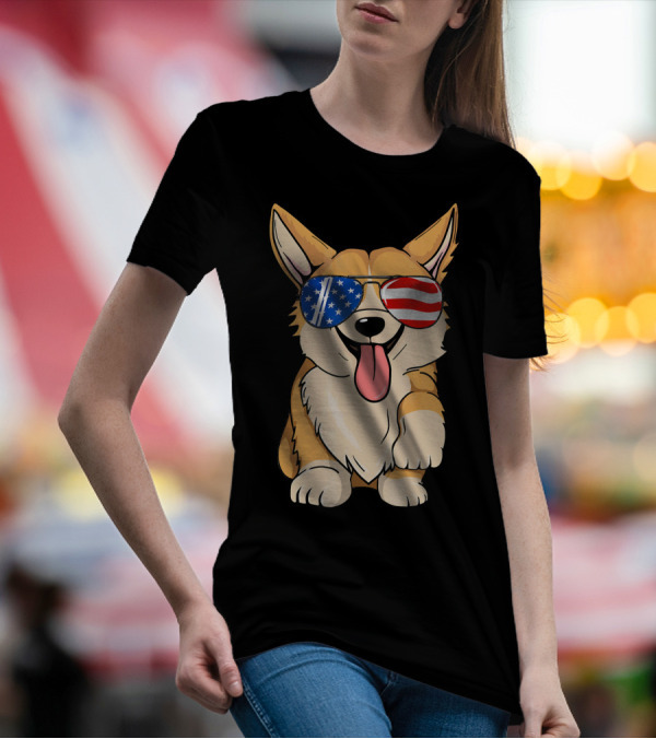 Corgi Sunglasses American Flag 4th Of July Merica T-Shirt