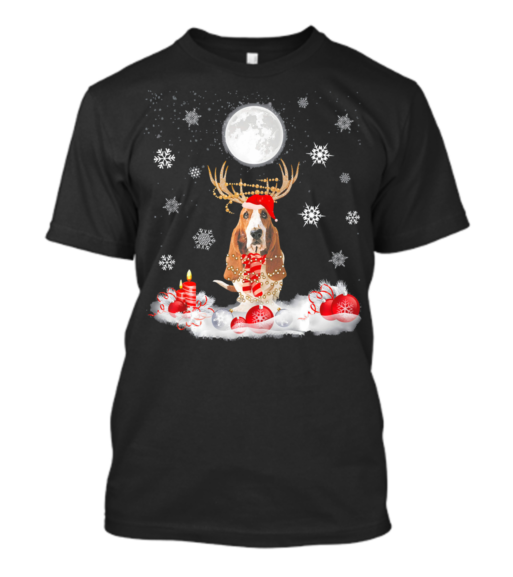 Cute Basset Hound Dog Merry Christmas Antlers Snowflakes Candle Moon T-Shirt