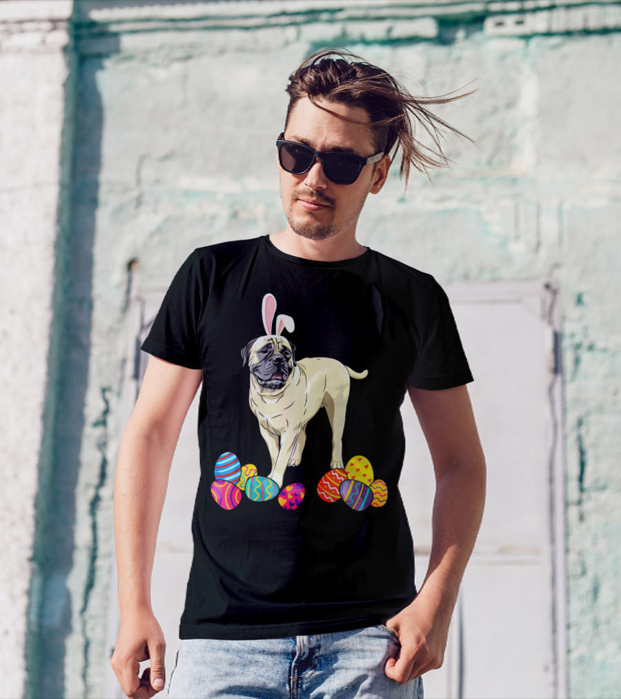 Bullmastiff Wearing Bunny Ears With Colorful Easter Eggs T-Shirt