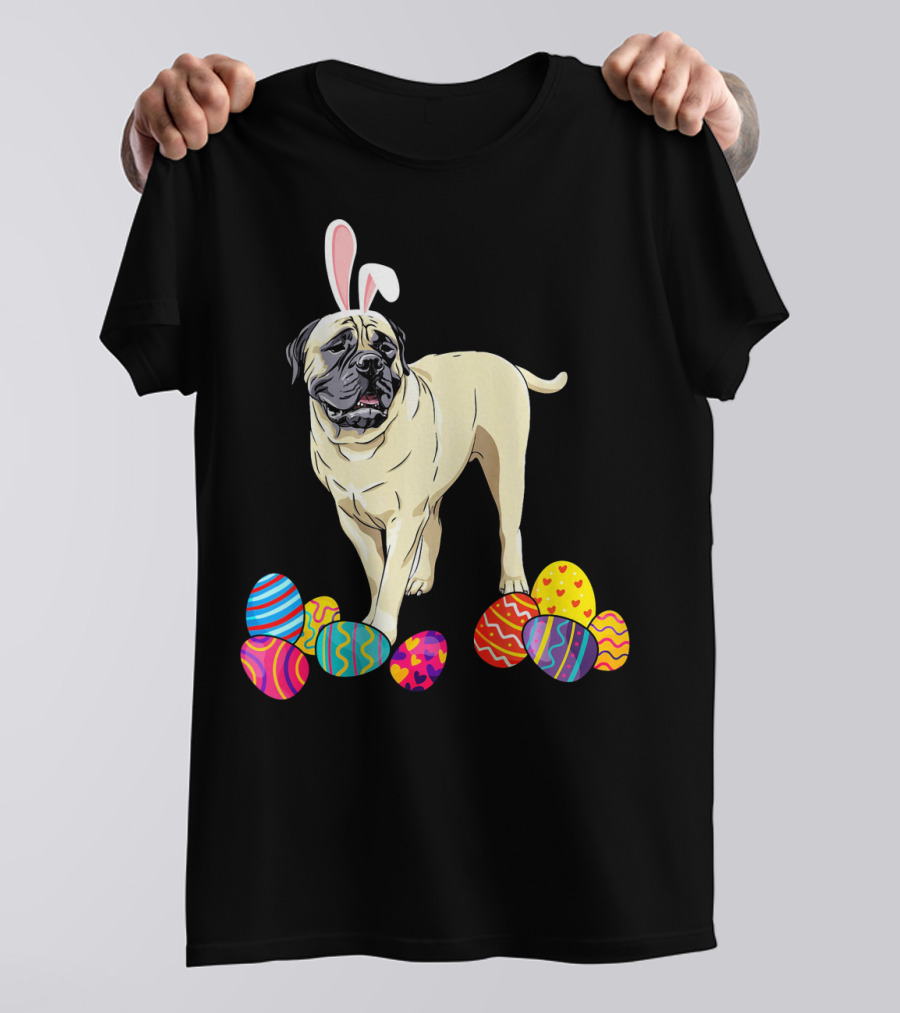 Bullmastiff Wearing Bunny Ears With Colorful Easter Eggs T-Shirt