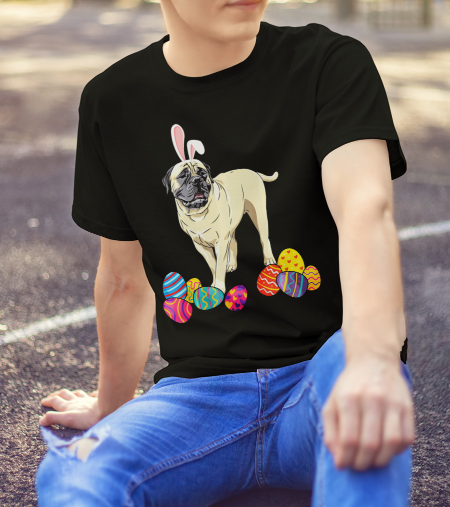 Bullmastiff Wearing Bunny Ears With Colorful Easter Eggs T-Shirt